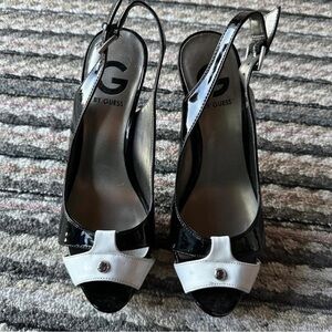 G by Guess Black and White Patent Slingback Peep-Toe Heels